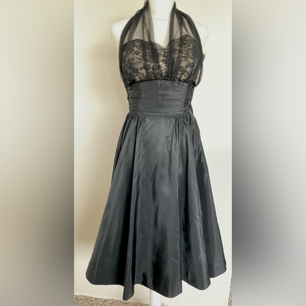 1950’s cocktail pinup bombshell halter dress, black & nude, full circle skirt